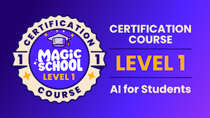 Blue tile with an icon of a purple graduation cap for the Level One MagicSchool for Students Certification Course
