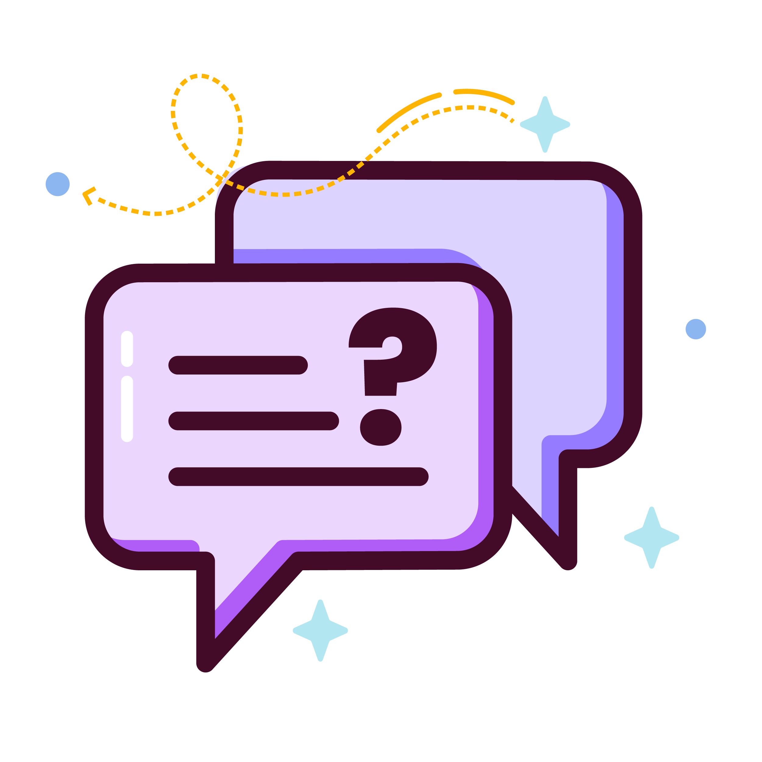 stylized image of a purple and pink callout bubble with lines of text and a big question mark