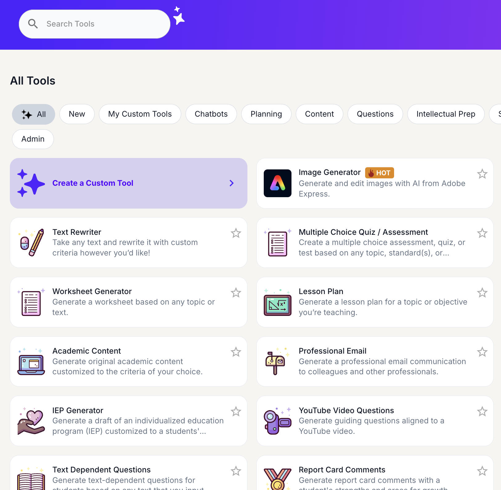 screenshot of MagicSchool tools dashboard