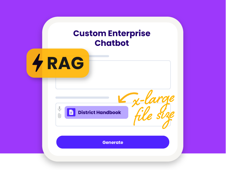 stylized version of a custom enterprise chatbot tool in the MagicSchool app. Featured yellow RAG technology callout and note about x-large file sizes being accepted.
