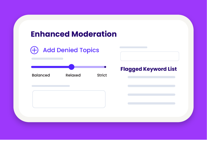 stylized version of the advanced moderation dashboard showing denied topics and flagged keyword list