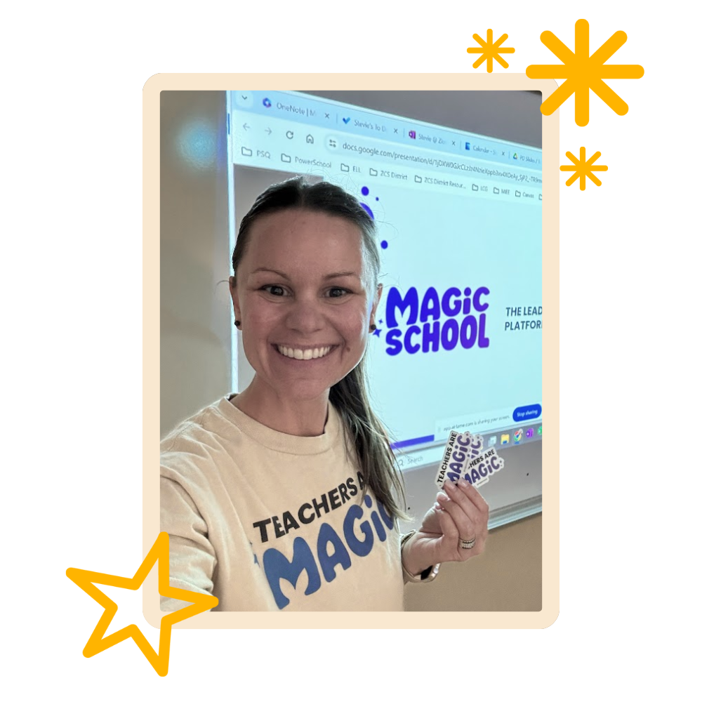 teacher posing in front of a whiteboard with MagicSchool logo on it