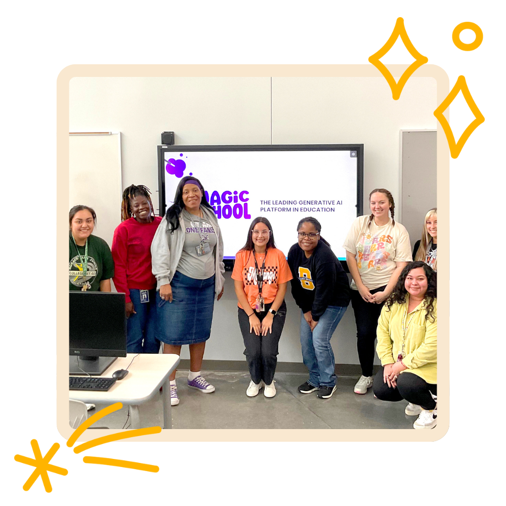 teachers standing in front of a MagicSchool presentation screen