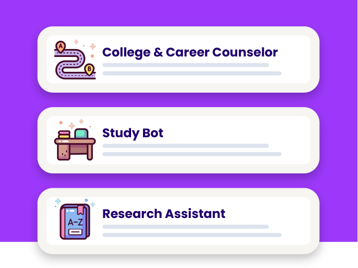 Stylized snipped of MagicSchool tools: College & Career Counselor tool, Study Bot tool, Research Assistant tool