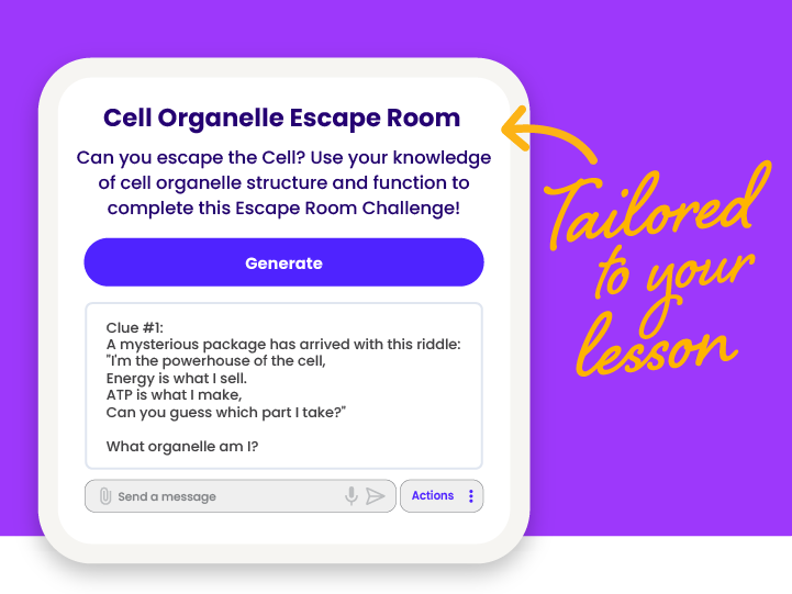 Stylized version of a custom tool for a Cell Organelle Escape Room with text that says: Tailored to your lesson