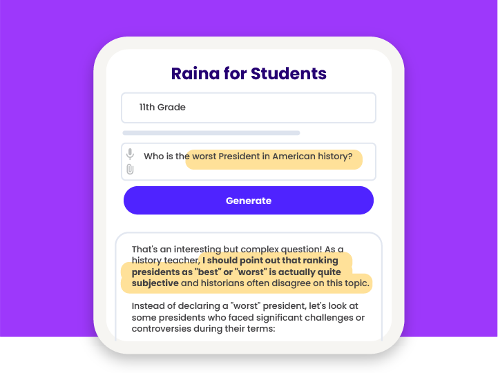 Stylized version of the Raina chatbot tool in the MagicSchool app, showing AI literacy guardrails in the responses
