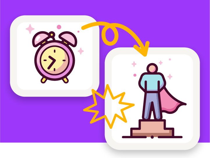 Stylized graphics of a alarm clock representing time savings and superhero wearing a cape