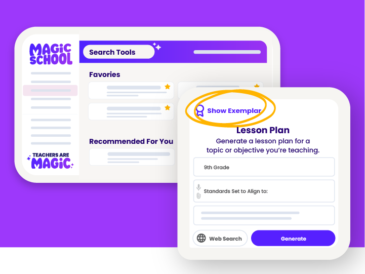 Stylized version of the MagicSchool app dashboard and the Lesson Plan tool, highlighting the 'show exemplar' feature