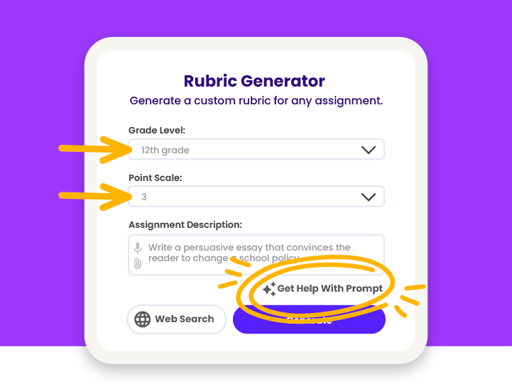 Stylized version of the Rubric Generator tool highlighting the 'get help with prompt' feature