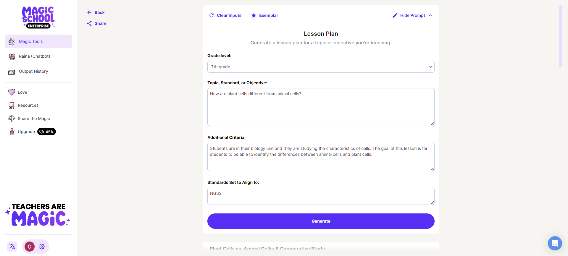 The Exemplar for the Lesson Plan Generator on the MagicSchool app which shows an example input and generation