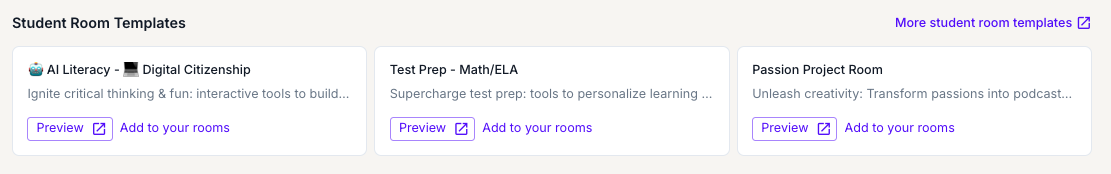 Screenshot of new MagicStudent user interface showing Starter Room Templates