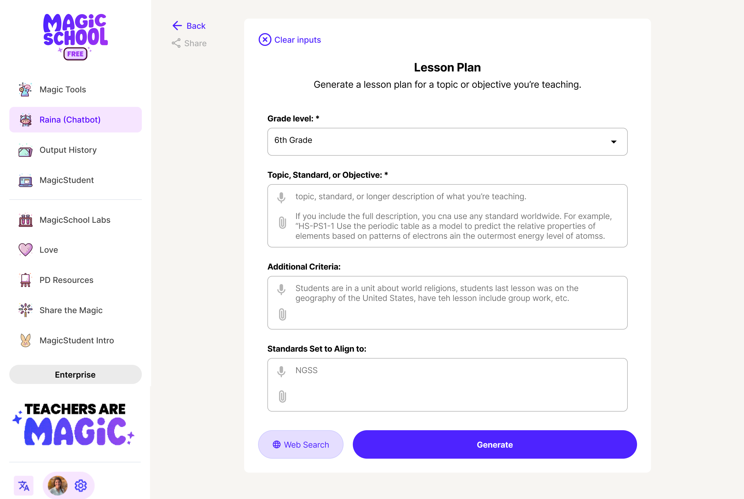 screenshot of web search button in Lesson Plan tool