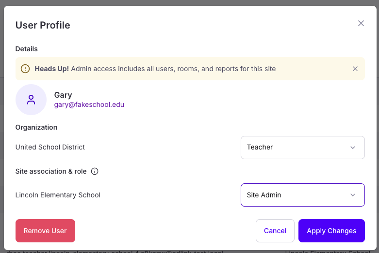 Screenshot of User Profile where Site Admin role is set.